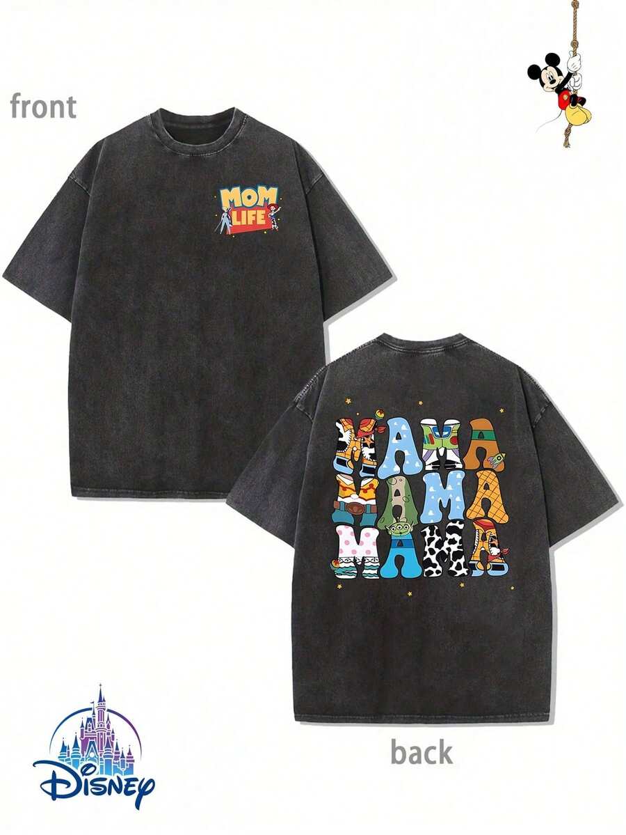 Disney Double-Sided Printed, Flower Pattern, Genuine Product Authorized. 1 Piece. Fashionable Cartoon Short-Sleeved Design. Cartoon Short-Sleeved, Men's Cotton Washed And Distressed T-Shirt. - Black - View 1