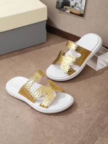 1 Pair Kids' Gold Soft Shiny Metallic Leather Casual Slip-On Beach Sandals, Classic Minimalist Open Toe Elastic Flexible Non-Slip Sole, Fashionable & Elegant Flat Slides Suitable For Daily, Beach, Holiday, Party Wear, Spring/Summer - Gold - View 5