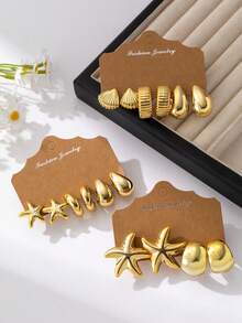 4-16pcs/Set Fashion Gold Color Small/Large Starfish, Shell, Smooth Small/Large Water Drop, Textured C Shape, Smooth Small C Shape, Wide Smooth C Shape Earring Set, Suitable For Summer Travel And Vacation Wear - Gold - View 5