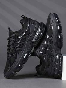2026 Latest Men's Sneakers, All Black Thick Sole Chunky Sneakers, Increase Height, Shock Absorption, Breathable Mesh, Street Style, Leather & Mesh Combination, Marathon Running Shoes, Large Size 46, Fashionable Handsome Men Shoes - màu đen - Xem 5