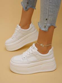 Sepatu Sneakers Wanita Sol Tebal dengan Pola Geometris, Gaya Olahraga Kasual Bertali, Cocok untuk Semua Musim, Sepatu Olahraga Wanita - Putih - View 3