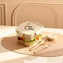 双层透明塑料便当盒，带酱料碟和餐具，密封防漏，可盛放水果沙拉等食物，可重复使用，适合学生和成人用于学校、办公室、旅行、露营、野餐和返校等场合。 - 彩色 - 查看 1