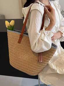 2026 New Fashion Large Capacity Woven Bucket Bag, Casual Versatile Women Shoulder Tote Bag, Suitable For Daily Commute, Outing, Travel, Beach Holiday - Multicolor - View 4
