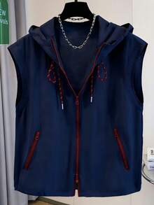 女士藏蓝色无袖背心外套，春夏款，时尚撞色拉链连帽衫，带抽绳，轻盈无内衬设计，百搭舒适，适合日常出行、度假等多种场合，女士休闲上衣 - 藏蓝色 - 查看 3