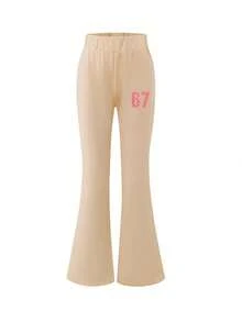 This Casual Set Designed For Girls Features A Fashionable Letter Print Design, Including A White Short Sleeve Round Neck T-Shirt And Mid-Waist Flare Pants. - Apricot - View 6