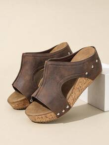 女士夏季复古厚底坡跟舒适休闲拖鞋 - 深棕色 - 查看 3