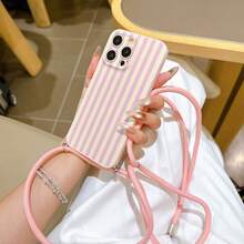 便捷挂绳手机壳，配有可调节挂绳和肩带，亮粉色竖条纹，轻巧防震TPU保护壳，适用于苹果手机 - 粉色 - 查看 5