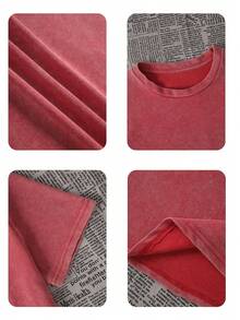 黑色水洗棉大码女式休闲印花T恤，圆领短袖，简约风格，适合日常穿着，复古设计，夏季款 - 紅色 - 查看 4