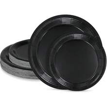 7-Inch + 9-Inch Luxury Black Round Paper Plate Set, Wedding Dessert & Main Course Serving Platter, Birthday Party Cake Plate, Anniversary Banquet Serving Tray, Business Tea Break Buffet Plate, Holiday Gathering Dining Plate, Steak & Pasta Plate, Afternoon Tea Snack Plate, Elegant Black Dinnerware - Black - View 3