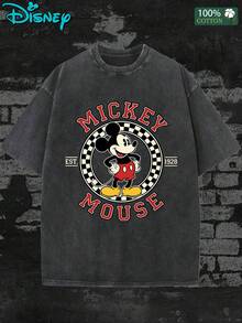 Men's Vintage Disney Mickey Mouse 1928 Black And White Checkerboard Print T-Shirt, Unisex Washable Cotton T-Shirt, Soft Washable Texture, Loose Crew Neck, Machine Washable, Suitable For Casual, Beach, Party & Outdoor Activities, Vintage T-Shirt - màu đen - Xem 1