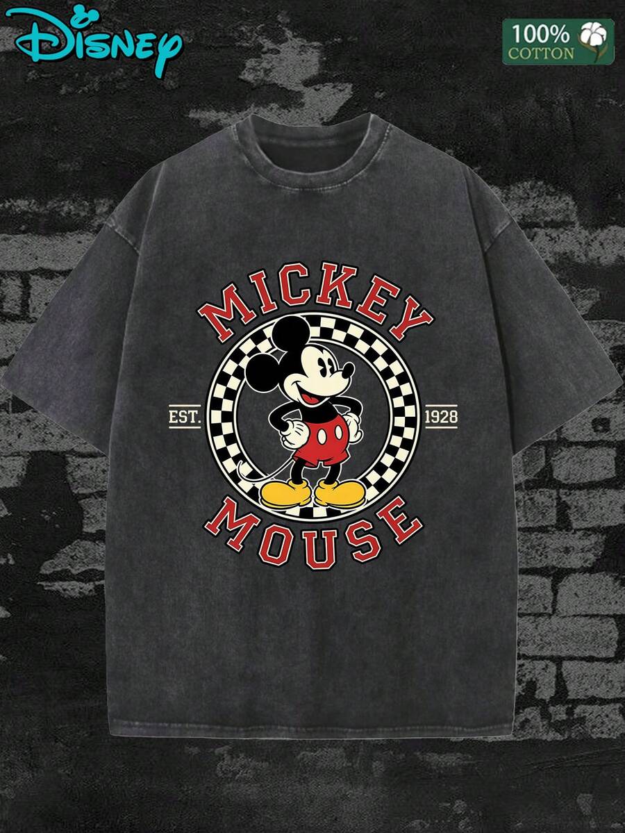 Men's Vintage Disney Mickey Mouse 1928 Black And White Checkerboard Print T-Shirt, Unisex Washable Cotton T-Shirt, Soft Washable Texture, Loose Crew Neck, Machine Washable, Suitable For Casual, Beach, Party & Outdoor Activities, Vintage T-Shirt - màu đen - Xem 1