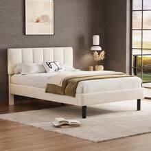 Upholstered Bed, Iron Legs, Slatted Base, Simple Design, 140 X 190 Cm, Mattress Not Included, Sherpa Fabric, Beige - White - View 2