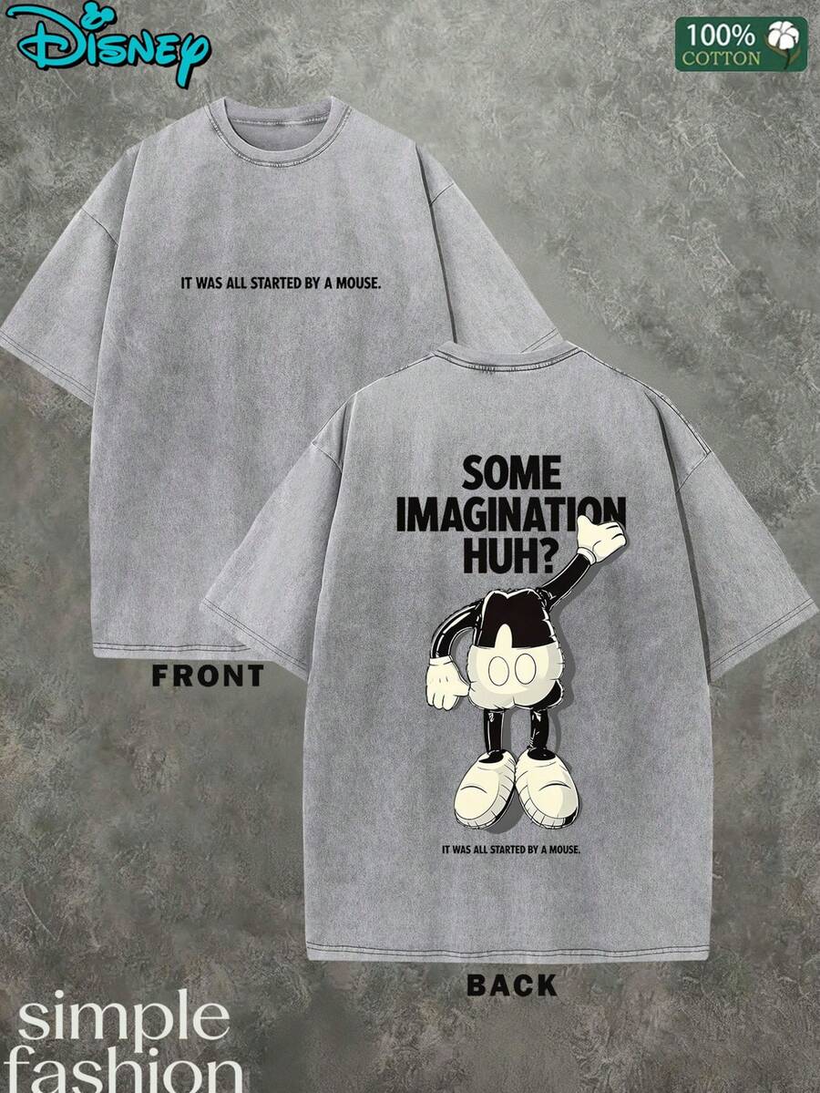 Men's Disney Mickey Mouse T-Shirt "Some Imagination Huh?" Double Sided Graphic Tee Washed Vintage Casual Short Sleeve Tops - Xám - Xem 1