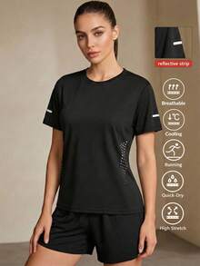 Women's Sweat Wicking Reflective Running Shirt, Basic Black Gym Tee, Classic Black Crew Neck Athletic Top - Black - View 3