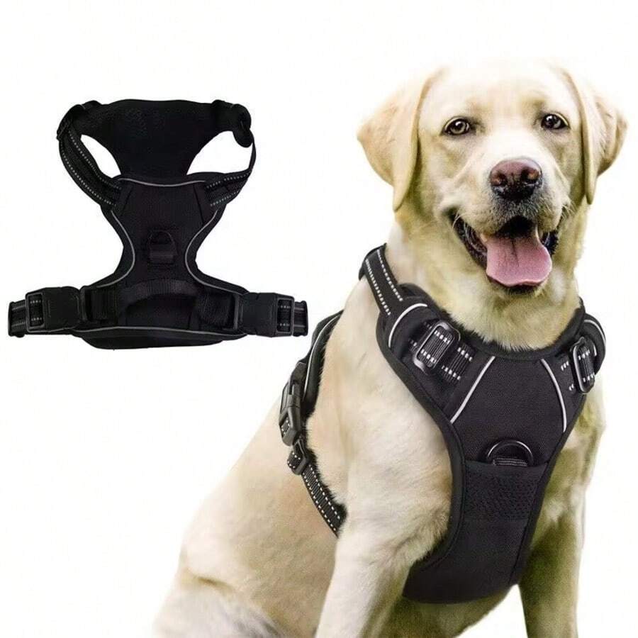 大型犬胸背带，防拉扯宠物胸带，带2个牵引绳扣，可调节柔软衬垫，反光牛津布胸背带，带易于控制的手柄，适合大型犬