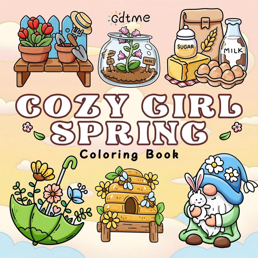 GDTME 舒适女孩春季涂色书：大胆简约的设计，适合成人和青少年。简洁可爱的粗线插图，适合哥特爱好者，可作为生日礼物、复活节礼物、返校礼物、母亲节礼物、文具用品，尺寸为 7.9x7.9 英寸。 - 溫馨女孩季節 - 查看 1