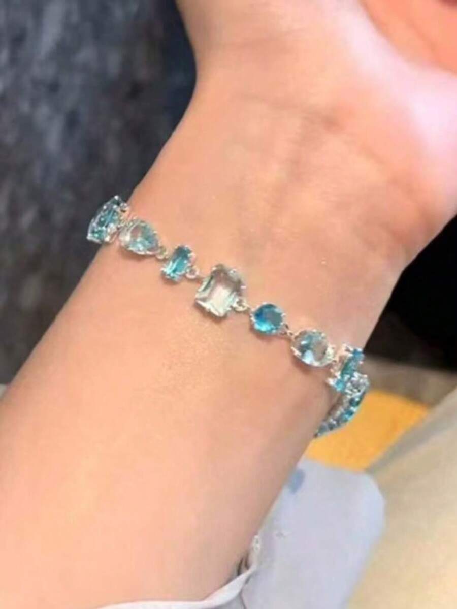 1 chiếc vòng tay đính đá Zirconia màu xanh dương ngọt ngào, món quà tình bạn sang trọng, đa năng. - Màu xanh lam - Xem 1