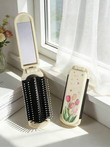 1 pieza Peine plegable con diseño de impresión de tulipán, incluye mini espejo, peine de viaje de bolsillo, compacto y portátil, adecuado para hombres y mujeres, gran regalo - Multicolor - Ver 13