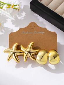 4-16pcs/Set Fashion Gold Color Small/Large Starfish, Shell, Smooth Small/Large Water Drop, Textured C Shape, Smooth Small C Shape, Wide Smooth C Shape Earring Set, Suitable For Summer Travel And Vacation Wear - Gold - View 4