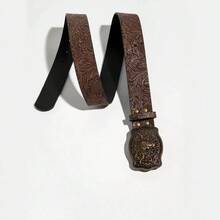 Vintage Western Cowboy Style Bull Head Buckle Brown PU Printed Decorative Belt, Fashion Punk Floral Print Bohemian PU Leather, Suitable For All Seasons - Bull Head - View 4
