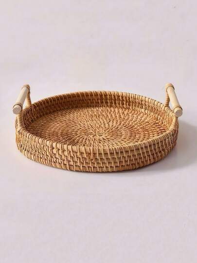 Bandeja redonda de ratán con asa - Bandeja decorativa de almacenamiento tejida de ratán con base resistente, diseño rústico lindo, fácil de limpiar - Bandeja de ratán adecuada para decoración, desayuno, mesa de café, frutas, verduras, pan, uso en comedor y cocina, decoración del hogar, picnic al aire libre, excelente para bodas y cumpleaños, regalos para damas