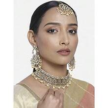 I Jewels Indian Gold Plated Traditional Kundan Choker Ethnic Bollywood Designer Jewelry Set with Earrings and Maang Tikka For Women - Blanco - Ver 3
