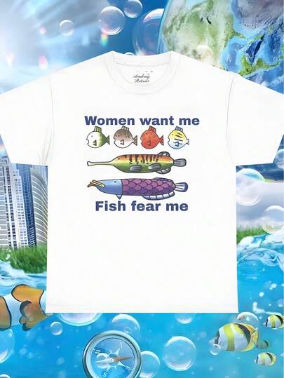 Women Want Me Fish Fear Me Frutiger Aero Fashion Tee Early 2000s Aesthetic Y2K T-Shirt Retro Game Fishing Inspired T Shirt Funny Meme Tee
