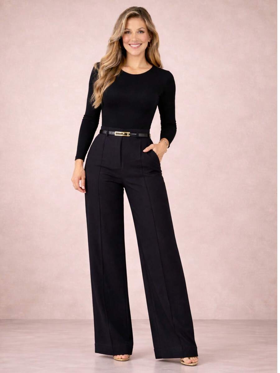 Women's Tailored Pants With Belt Pockets Formal Pantaloons Simple Elegant Composite Fabric Zipper Pocket With Belt Women's Winter - 黑色 - 查看 1