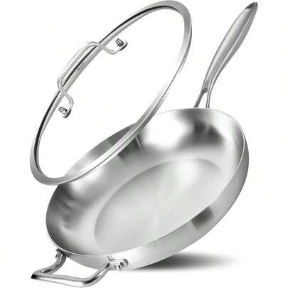 12 - Inch Tri - Ply Stainless Steel Frying Pan With Lid Detachable Handle - Induction Compatible Skillet, Oven Dishwasher , Frying, Sauting Simmering