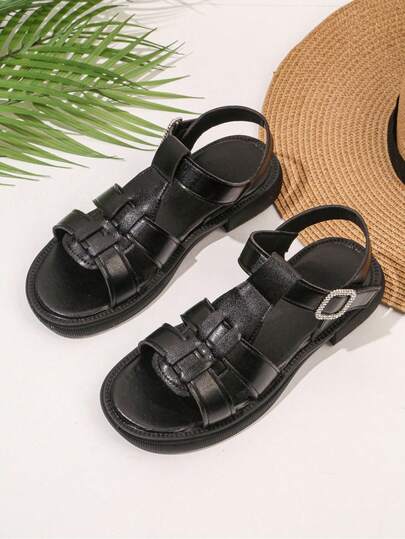 1 Pair Summer Casual Open Toe Hollow Outdoor Flat Roman Sandals For Teenagers