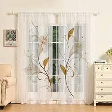 2 片装薄纱窗帘，饰以优雅的白色百合花和金色藤蔓叶子，2D 平面印花，半透明，奢华简约风格，适用于客厅、卧室和书房。 - 彩色 - 查看 2
