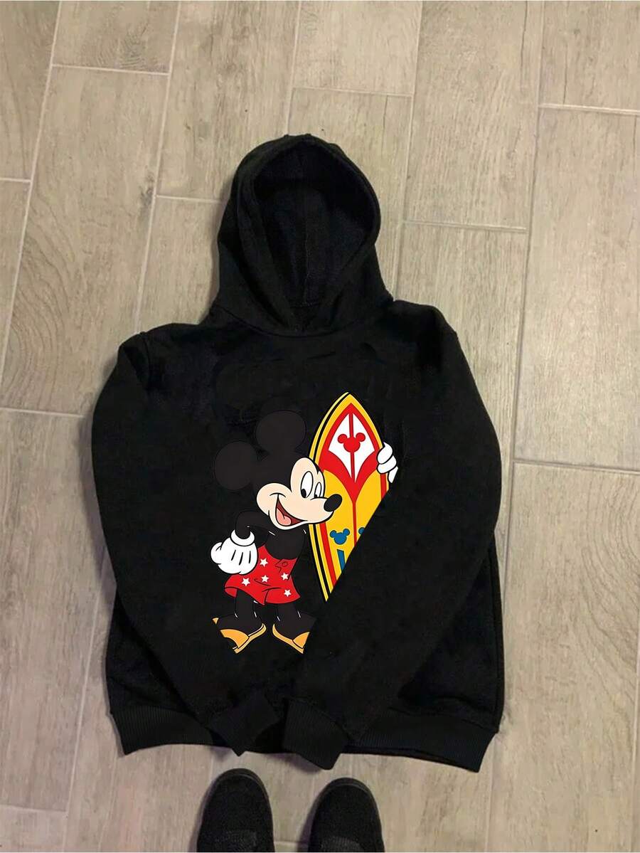 Disney Mickey Mouse Pattern Men's Sweatshirt, Regular Fit, Machine Washable, Suitable For Casual Wear In Autumn And Winter, Cartoon Character Design, Comfortable Fabric, Detailed Description, Easy To Care For, Suitable As A Gift, Birthday Gift, Or Present. - màu đen - Xem 1