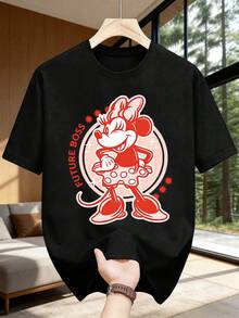 Disney Casual Women's Black Cotton Regular Sleeve Short Sleeve Round Neck Minnie Mouse Print T-Shirt - 黑色 - 查看 1