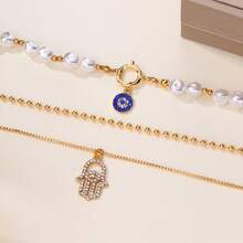 1pc Fashion Rhinestone Fatima Hand, Evil Eye & Pearl 3-Layer Necklace For Women - Yellow Gold - View 2