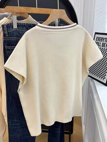 Suéter de punto holgado con cuello de corbata, a rayas y contraste de color, para primavera, talla grande - Beis - Ver 3