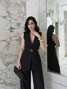 Women's Elegant Pinstripe Tailored Suit With Vest, Belt, And Wide-Leg Trousers - Autumn 2026 - 黑色 - 查看 2