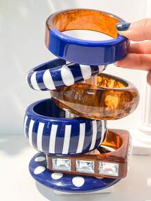 1 chiếc vòng tay nhựa màu xanh dương kiểu retro, thiết kế sọc và chấm bi mới, trang sức unisex, phù hợp cho mọi mùa, bề mặt bóng, màu sắc tươi sáng. - Nhiều màu - Xem 3