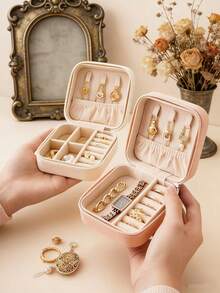 1pc Compact Jewelry Box, Small PU Leather Jewelry Storage Box, Gift For Women, Simple Travel & Home Jewelry Organizer, Portable Zipper Pouch, Pink Travel Essentials, Jewelry Box For Earrings, Necklaces, Rings, Travel Accessories - Multicolor - View 2