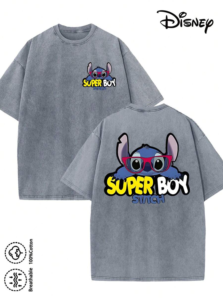 Disney-Licensed Men's Cotton T-Shirt For The 2026 Family Holiday. Featuring A Stitch Motif, Washed Crew Neck, Soft And Comfortable Feel, Easy Care And Suitable For Various Occasions Such As Holidays, Everyday Life And Commuting – Full Of Festive Spirit. - 灰色 - 查看 1
