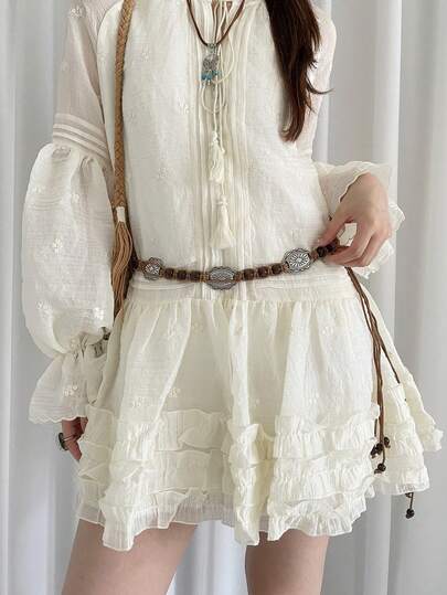 1pc Brown Polyester Vintage Wood Bead Waist Rope, Versatile For Women