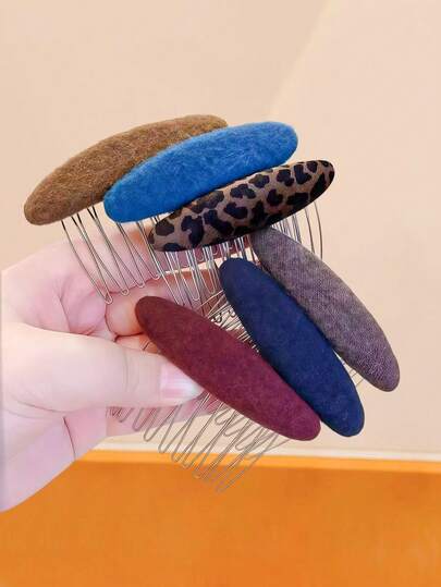 2pcs/Set Retro Velvet Fabric Hair Comb Set, Includes Solid Colors (Burgundy, Navy, Coffee, Sapphire) And Classic Leopard Print - Suitable For Women And Girls, Can Be Matched With Casual, Retro, And Formal Outfits For All-Scenario Styling Needs