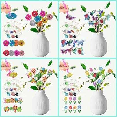 Bộ tranh đính đá 8 mảnh chủ đề cắm hoa, bướm, hoa lá, Lễ Tạ ơn, chất liệu acrylic, khảm pha lê, thích hợp trang trí sân vườn, ven đường, mùa xuân.