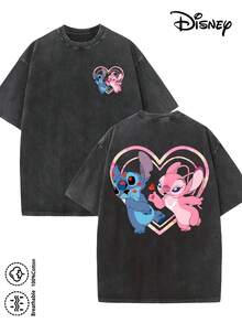 Disney-Licensed Men's Cotton T-Shirt For The 2026 Family Holiday. Featuring A Stitch Motif, Washed Crew Neck, Soft And Comfortable Feel, Easy Care And Suitable For Various Occasions Such As Holidays, Everyday Life And Commuting – Full Of Festive Spirit. - 黑色 - 查看 1