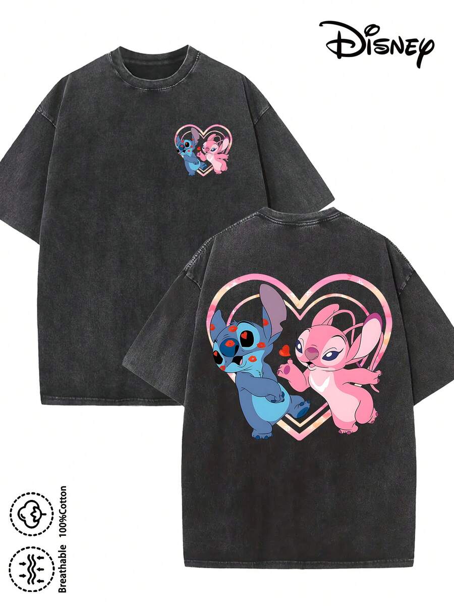 Disney-Licensed Men's Cotton T-Shirt For The 2026 Family Holiday. Featuring A Stitch Motif, Washed Crew Neck, Soft And Comfortable Feel, Easy Care And Suitable For Various Occasions Such As Holidays, Everyday Life And Commuting – Full Of Festive Spirit. - 黑色 - 查看 1