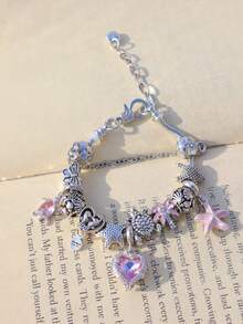 1pc Vacation Style Charm Bracelet With Sakura, Starfish, Pink Heart, Turtle, Butterfly, Coconut Tree Charms - Silver - View 4