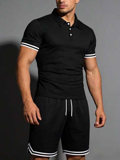 男士运动套装两件套，Polo领短袖衬衫和短裤，休闲度假、户外运动、跑步等场合适用。
