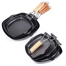 Juego de sartenes cuadradas antiadherentes para parrilla con mango de madera, sartén plegable y portátil para filetes, sartén apilable acanalada para asar filetes, tocino y carnes, sartén universal para barbacoa de interior compatible con estufas de gas, inducción y eléctricas. - Ver 11