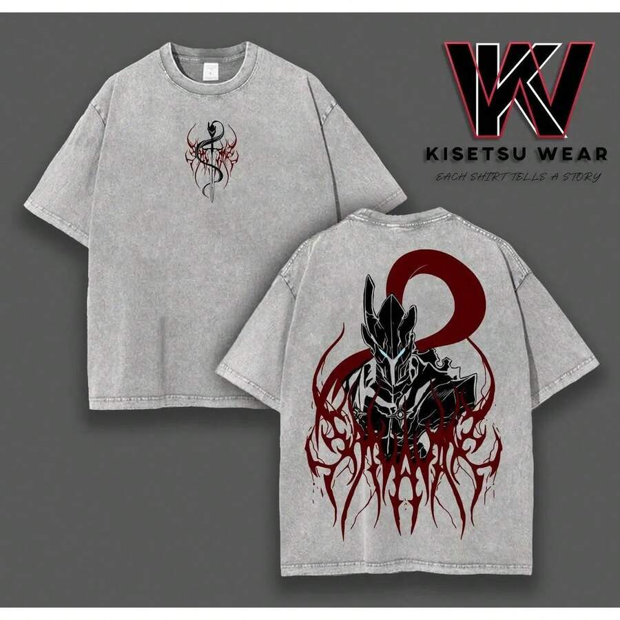 Y2K VintageIgris Bloodred X Solo Leveling Shirts Anime Double Printed Oversized Lightweight Acid Washed Soft Cotton Graphic Tee, Oversized Manga T-Shirt, Gift Solo Leveling Fans - 灰色 - 查看 1