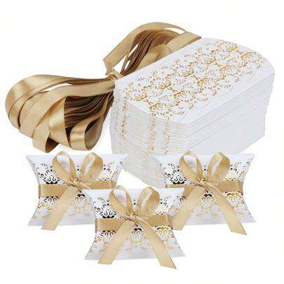 50 piezas Cajas de regalo de papel blanco con forma de almohada y cintas, adecuadas para empaquetar dulces y otros regalos para bodas, cumpleaños y fiestas