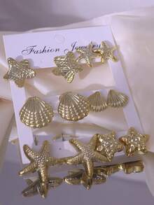 Set de 2-12 piezas de pendientes con estrella de mar y concha dorados de moda, adecuado para usar en verano, viajes y vacaciones - Dorado - Ver 3